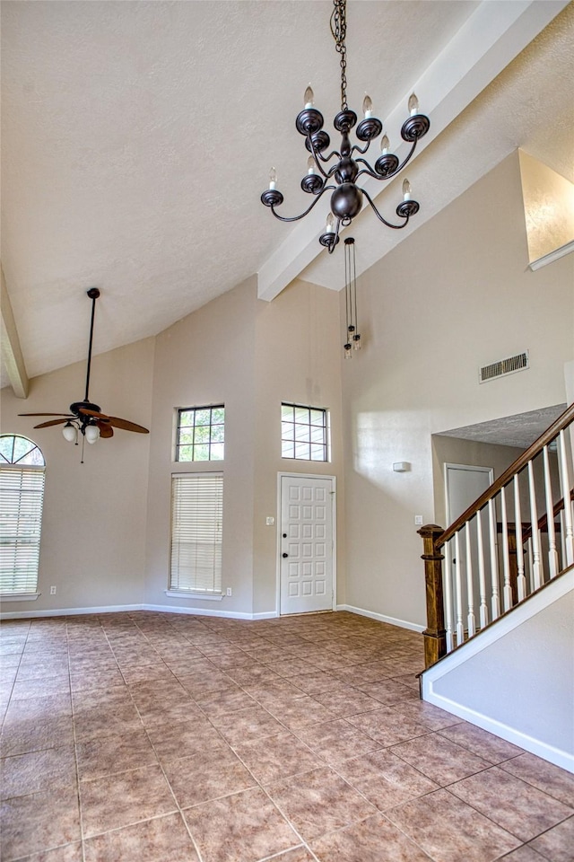 14715 Cobre Valley Dr, Houston, TX 77062 - tiled entrance foyer featuring a chandelier, a ceiling fan, high vaulted ceiling, beamed ceiling, and a textured ceiling