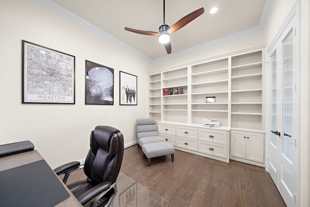 28106 Island Manor Ln, Fulshear, TX 77441 - office featuring ornamental molding, a ceiling fan, dark wood-type flooring, and built in shelves