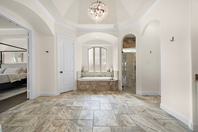 28106 Island Manor Ln, Fulshear, TX 77441 - bathroom with a garden tub, ornamental molding, stone tile flooring, a shower stall, and a raised ceiling