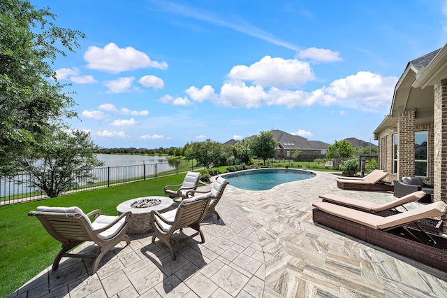 28106 Island Manor Ln, Fulshear, TX 77441 - view of pool featuring an outdoor fire pit, a fenced backyard, a patio area, and a water view