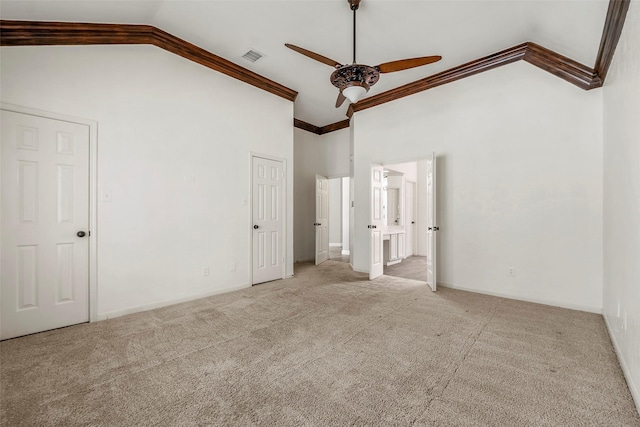 1123 Misty Lake Dr, Sugar Land, TX 77498 - unfurnished bedroom with carpet floors, ornamental molding, a ceiling fan, and high vaulted ceiling