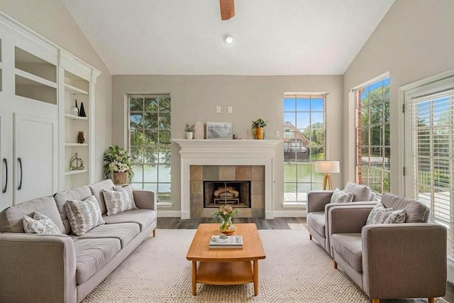 1123 Misty Lake Dr, Sugar Land, TX 77498 - living room with lofted ceiling, plenty of natural light, wood finished floors, and a tile fireplace