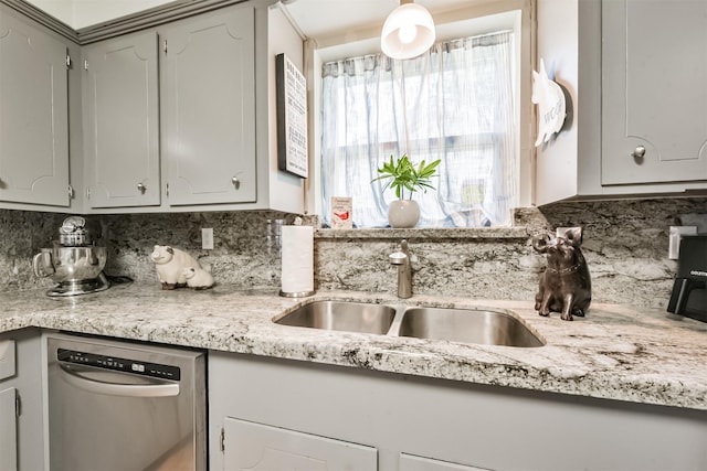 1721 Bowline Rd, Houston, TX 77062 - kitchen with stainless steel dishwasher, backsplash, and light stone countertops