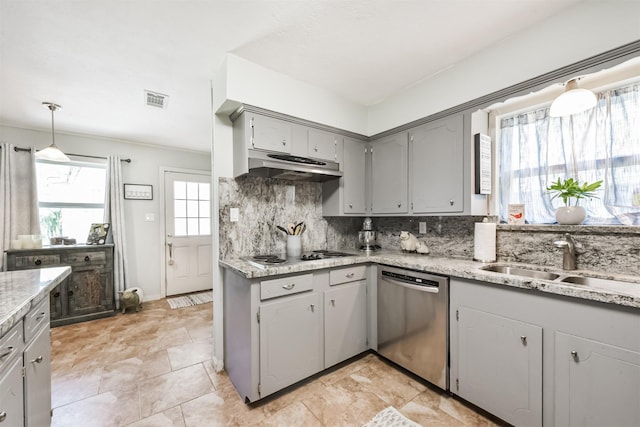 1721 Bowline Rd, Houston, TX 77062 - kitchen with stainless steel dishwasher, under cabinet range hood, gray cabinets, tasteful backsplash, and electric stovetop