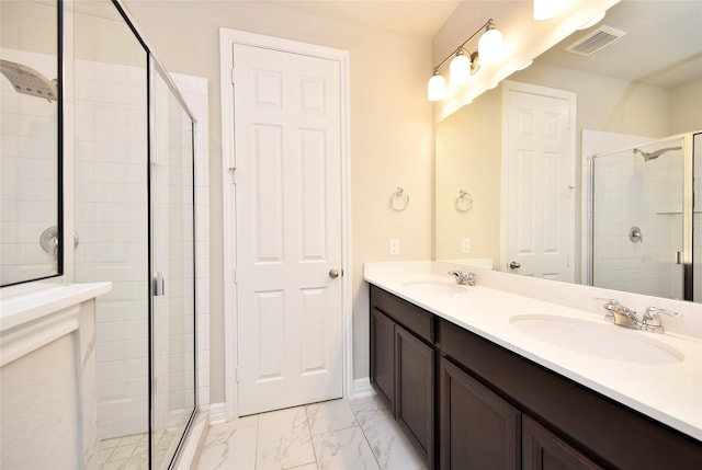 9428 Caddo Ridge Ln, Cypress, TX 77433 - bathroom featuring a stall shower, double vanity, and marble look tile flooring
