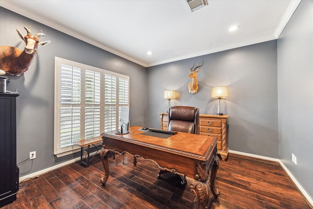 1440 Waseca St, Houston, TX 77055 - office area with crown molding, wood finished floors, and recessed lighting