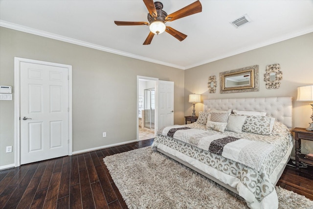 1440 Waseca St, Houston, TX 77055 - bedroom featuring crown molding, wood-type flooring, ceiling fan, and connected bathroom
