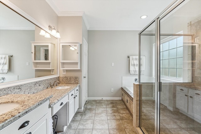 1440 Waseca St, Houston, TX 77055 - full bathroom with double vanity, ornamental molding, a stall shower, a garden tub, and tile patterned flooring