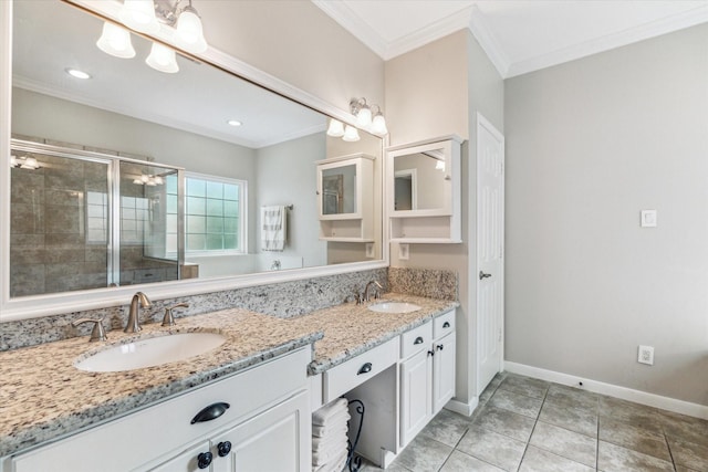 1440 Waseca St, Houston, TX 77055 - bathroom featuring double vanity, a stall shower, ornamental molding, tile patterned flooring, and recessed lighting