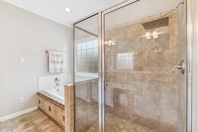 1440 Waseca St, Houston, TX 77055 - bathroom with a stall shower, a bath, ornamental molding, tile patterned flooring, and recessed lighting