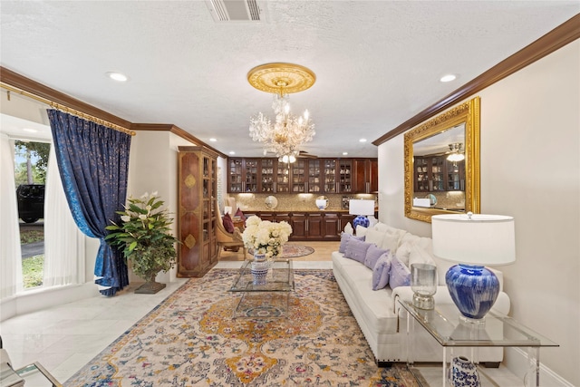 8220 Wateka Cir, Houston, TX 77074 - living room with recessed lighting, a chandelier, ornamental molding, plenty of natural light, and a textured ceiling