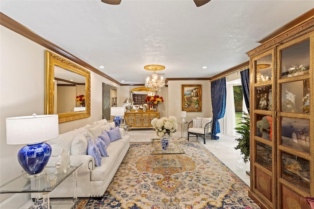 8220 Wateka Cir, Houston, TX 77074 - living room featuring crown molding, a chandelier, a textured ceiling, and recessed lighting