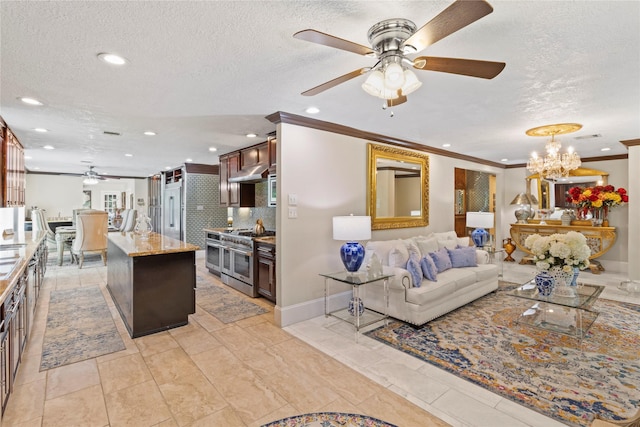 8220 Wateka Cir, Houston, TX 77074 - living area featuring ceiling fan, ornamental molding, a textured ceiling, recessed lighting, and a chandelier