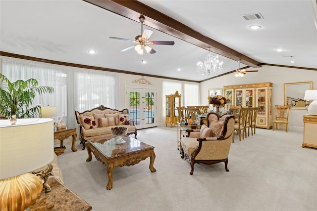 8220 Wateka Cir, Houston, TX 77074 - living room with ceiling fan, light carpet, french doors, crown molding, and a chandelier