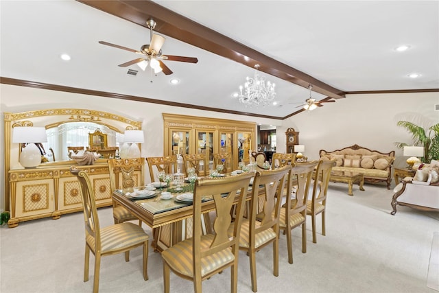 8220 Wateka Cir, Houston, TX 77074 - dining room with ceiling fan, light colored carpet, recessed lighting, crown molding, and a chandelier