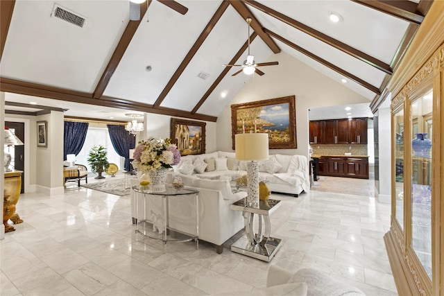 8220 Wateka Cir, Houston, TX 77074 - living room with a ceiling fan, beam ceiling, light marble finish floors, high vaulted ceiling, and recessed lighting