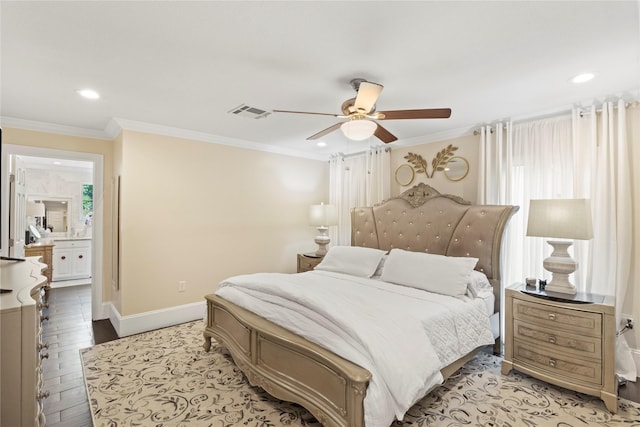 8220 Wateka Cir, Houston, TX 77074 - bedroom featuring crown molding, light wood-style flooring, recessed lighting, a ceiling fan, and connected bathroom