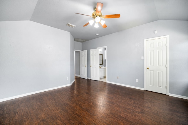 9710 Golden Park Ln, Houston, TX 77088 - unfurnished bedroom with lofted ceiling, wood finished floors, connected bathroom, and a ceiling fan