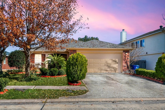 9710 Golden Park Ln, Houston, TX 77088 - ranch-style house with brick siding, an attached garage, concrete driveway, and a chimney