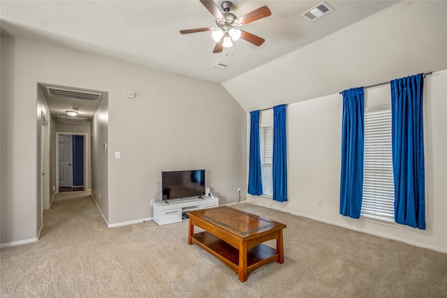 16206 Lakewood Field Dr, Tomball, TX 77377 - living area featuring light colored carpet, ceiling fan, attic access, and lofted ceiling