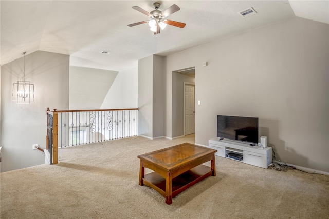 16206 Lakewood Field Dr, Tomball, TX 77377 - carpeted living area featuring lofted ceiling and ceiling fan