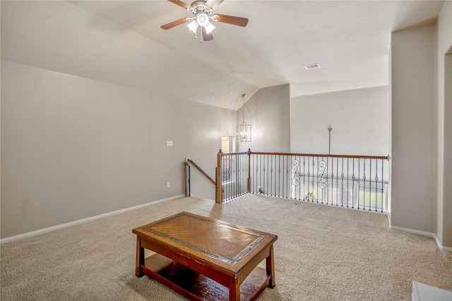 16206 Lakewood Field Dr, Tomball, TX 77377 - living area with carpet floors, ceiling fan, and lofted ceiling