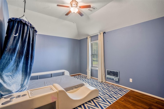 16206 Lakewood Field Dr, Tomball, TX 77377 - bedroom with wood finished floors, lofted ceiling, and ceiling fan