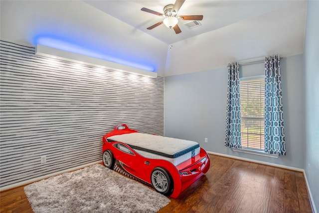 16206 Lakewood Field Dr, Tomball, TX 77377 - bedroom featuring wood finished floors, vaulted ceiling, and ceiling fan