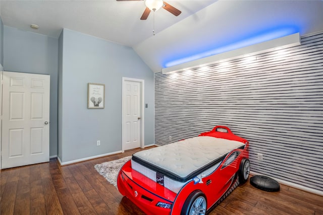 16206 Lakewood Field Dr, Tomball, TX 77377 - bedroom with hardwood / wood-style floors, vaulted ceiling, and ceiling fan
