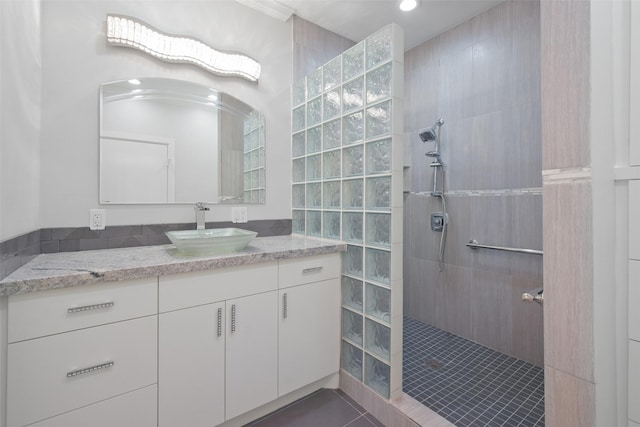 5110 Contour Pl, Houston, TX 77096 - bathroom with a walk in shower, vanity, tile patterned floors, and recessed lighting