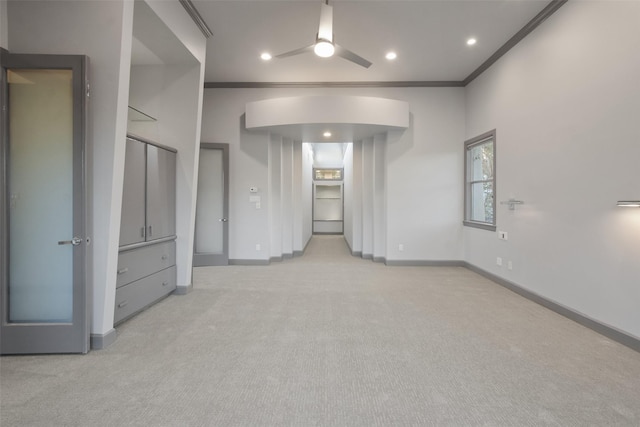 5110 Contour Pl, Houston, TX 77096 - empty room featuring crown molding, light colored carpet, recessed lighting, and a ceiling fan