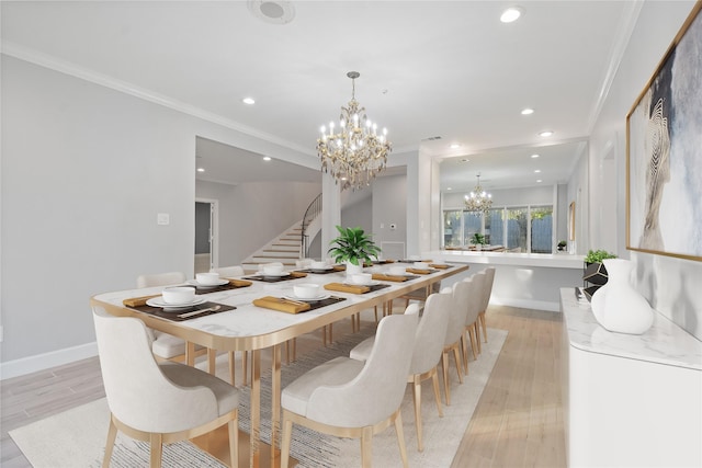 5110 Contour Pl, Houston, TX 77096 - dining room featuring a chandelier, crown molding, recessed lighting, light wood-type flooring, and stairs