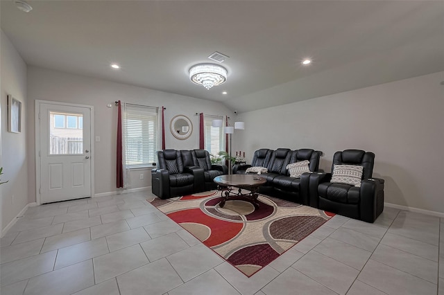 29626 Weber Way Ct, Katy, TX 77494 - living area with light tile patterned flooring, recessed lighting, and vaulted ceiling