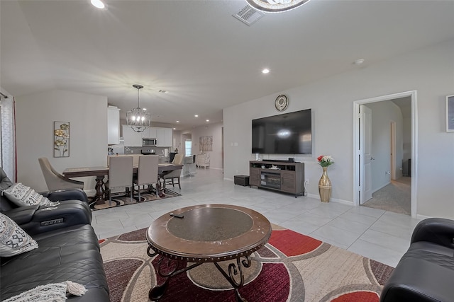 29626 Weber Way Ct, Katy, TX 77494 - living area with light tile patterned flooring, a chandelier, and recessed lighting