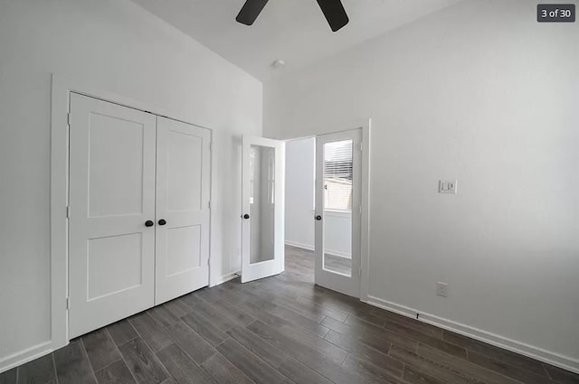 120 Lukewood Cir, Conroe, TX 77318 - unfurnished bedroom with dark wood-style floors, a closet, and ceiling fan