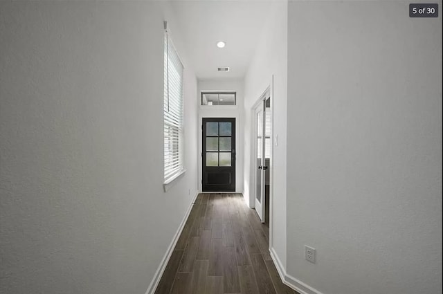 120 Lukewood Cir, Conroe, TX 77318 - corridor featuring baseboards and dark wood-style floors