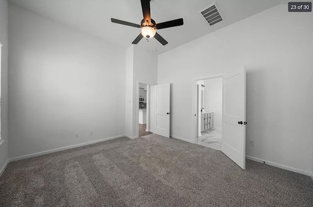 120 Lukewood Cir, Conroe, TX 77318 - unfurnished bedroom with carpet flooring, high vaulted ceiling, connected bathroom, and ceiling fan