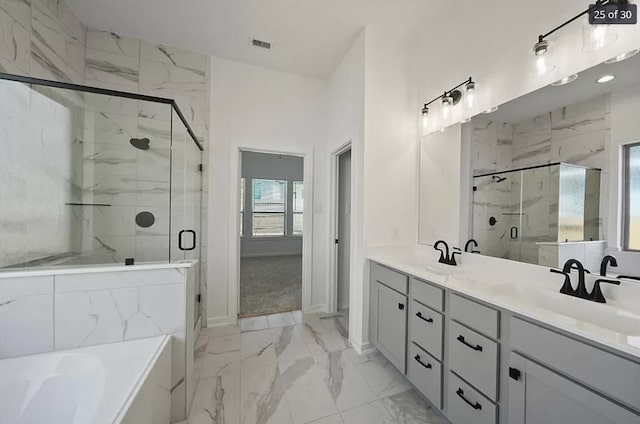 120 Lukewood Cir, Conroe, TX 77318 - bathroom with marble finish floors, a marble finish shower, double vanity, and a garden tub