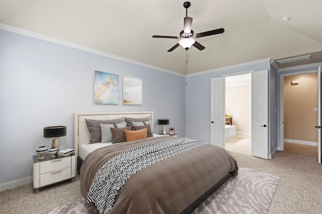 28647 Maple Red Dr, Katy, TX 77494 - bedroom with carpet floors, ornamental molding, ensuite bathroom, vaulted ceiling, and ceiling fan