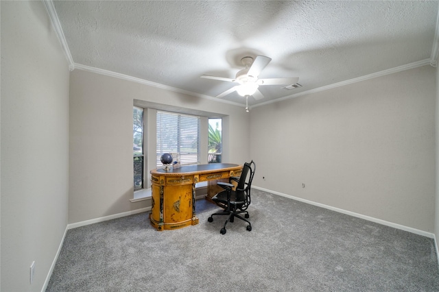21434 Park Bluff Dr, Katy, TX 77450 - office with crown molding, carpet floors, ceiling fan, and a textured ceiling