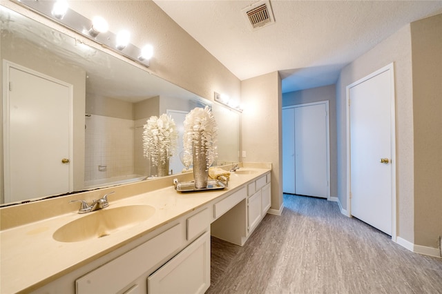 21434 Park Bluff Dr, Katy, TX 77450 - full bath with double vanity, wood finished floors, and a textured ceiling