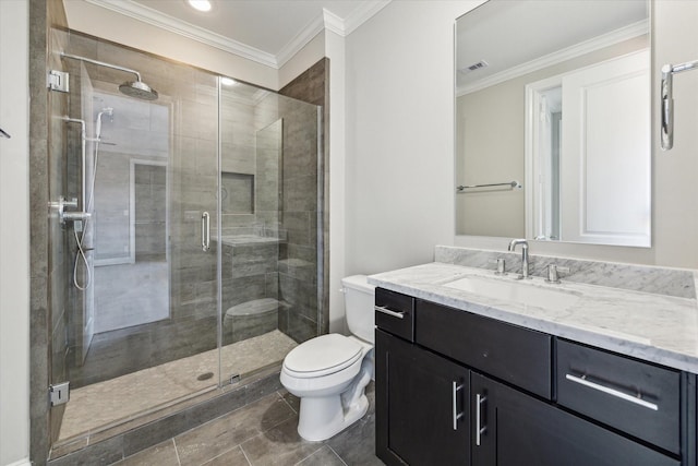 7515 Little Caprese Ln, Houston, TX 77055 - full bathroom with vanity, a shower stall, crown molding, and tile patterned flooring