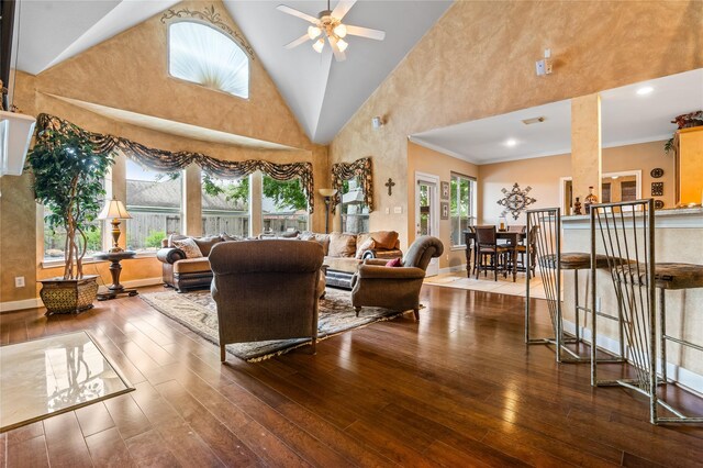 7914 Chianti Ct, Sugar Land, TX 77479 - living room with ceiling fan, hardwood / wood-style floors, and high vaulted ceiling