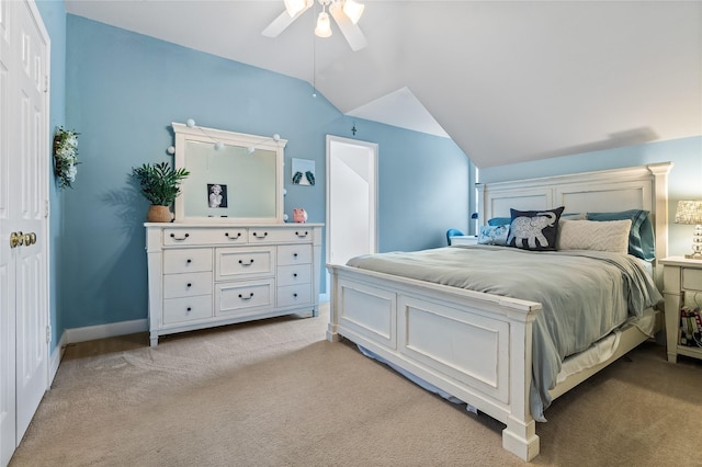 7914 Chianti Ct, Sugar Land, TX 77479 - bedroom featuring light colored carpet, vaulted ceiling, and ceiling fan