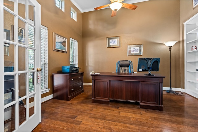 7914 Chianti Ct, Sugar Land, TX 77479 - office featuring a ceiling fan, dark wood-style floors, plenty of natural light, and crown molding