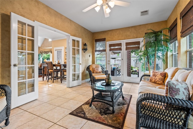 7914 Chianti Ct, Sugar Land, TX 77479 - living room featuring french doors, a ceiling fan, and light tile patterned flooring