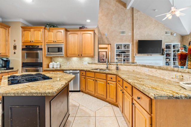 7914 Chianti Ct, Sugar Land, TX 77479 - kitchen with appliances with stainless steel finishes, light stone counters, a kitchen island, tasteful backsplash, and crown molding