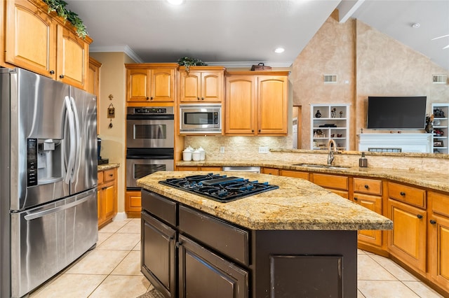 7914 Chianti Ct, Sugar Land, TX 77479 - kitchen with stainless steel appliances, light tile patterned floors, a kitchen island, backsplash, and light stone counters