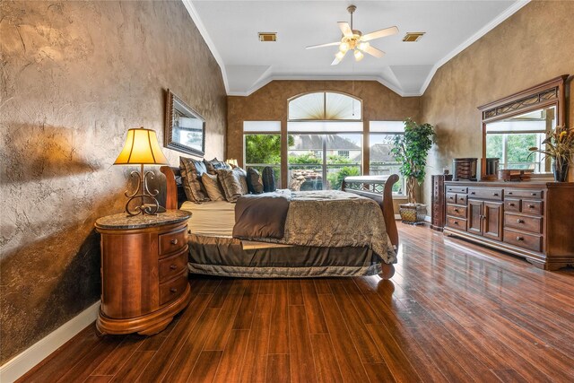 7914 Chianti Ct, Sugar Land, TX 77479 - bedroom featuring wood finished floors, multiple windows, ornamental molding, vaulted ceiling, and a textured wall