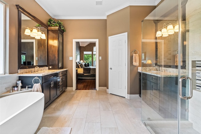 7914 Chianti Ct, Sugar Land, TX 77479 - bathroom with vanity, a freestanding bath, ornamental molding, a stall shower, and ensuite bath